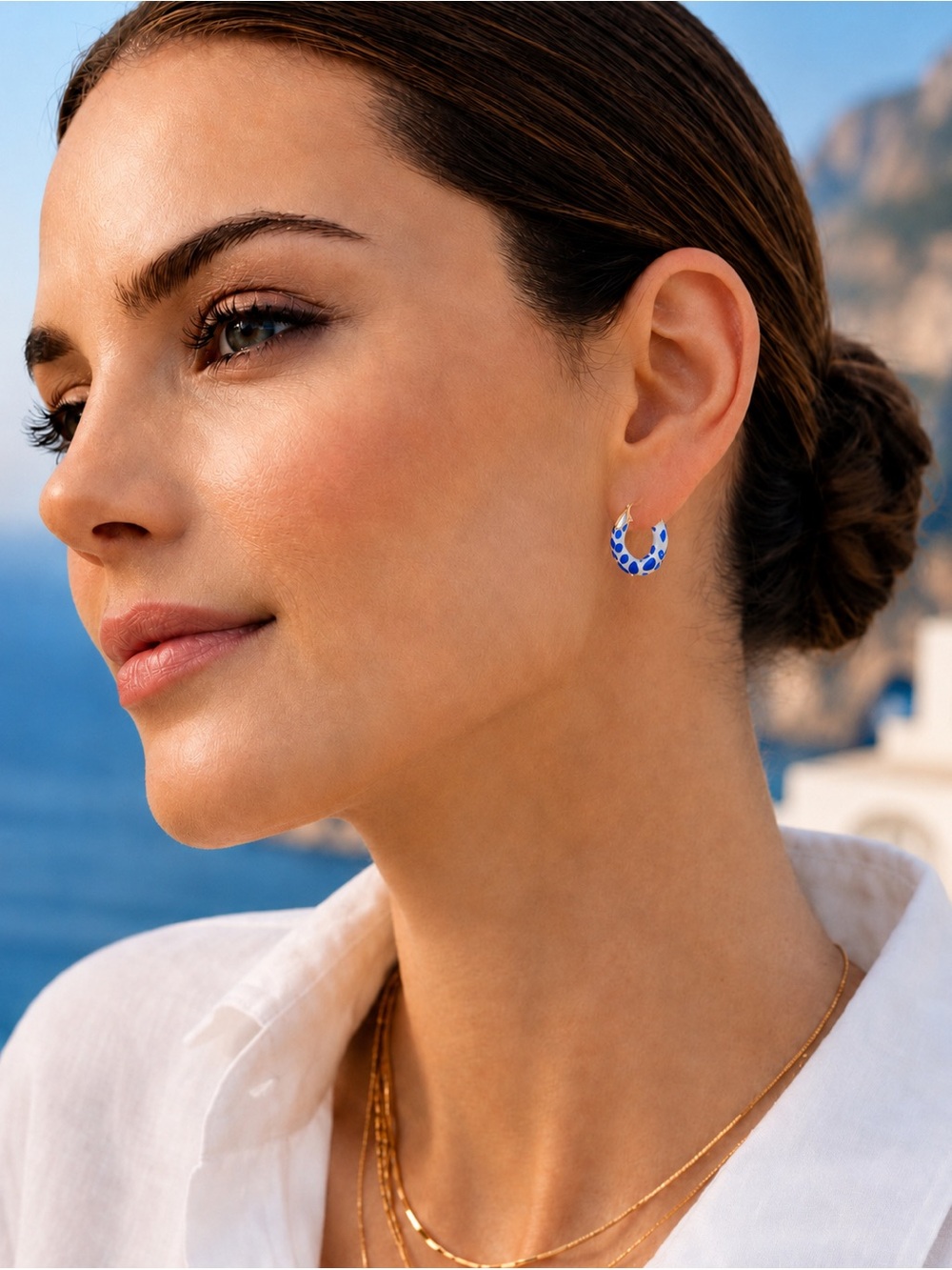 NEW Anthropologie Blue and White Enamel Porcelain 14K Gold Plated Mini Hoops